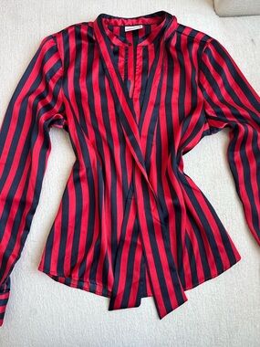 Noisy May Red & Black Vertical Stripe Tie-Neck Blouse